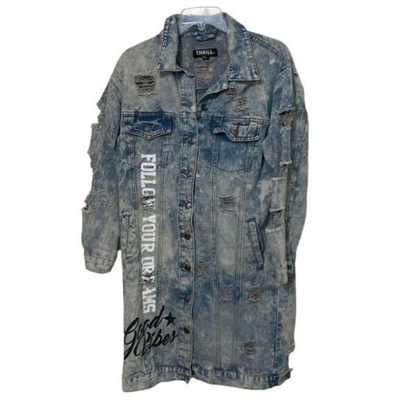 Thrill Acid Wash Long Duster Jean Jacket Womens Medium Graphic Print Distressed - Picture 1 of 12
